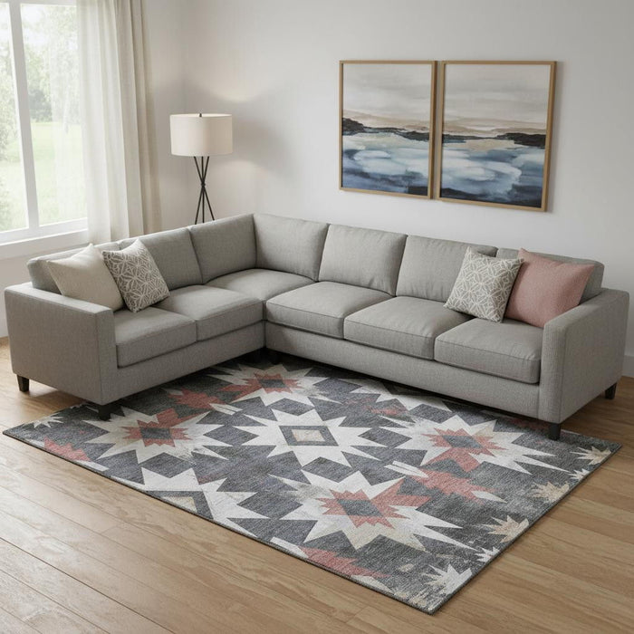 10' X 14' Diamond Washable Area Rug With UV Protection (707185) - Charcoal / Rust / Ivory
