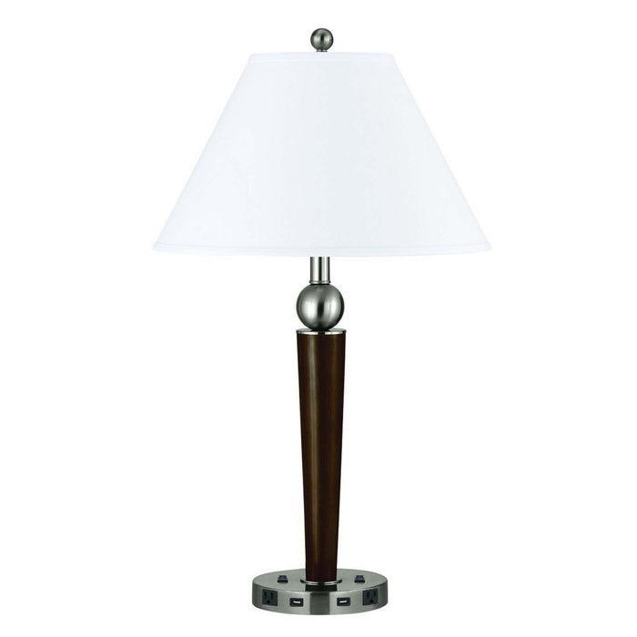 Metal Two Light Geometric USB Table Lamp With White Empire Shade - Nickel