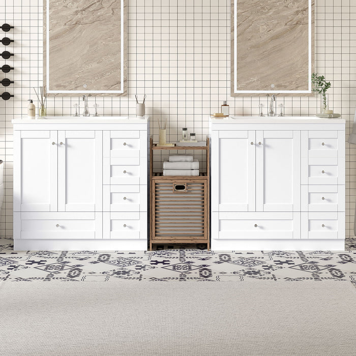 Giga shaker free-standing bathroom vanity cabinet with sink, soft-close drawers, and doors, in a modern bathroom setting