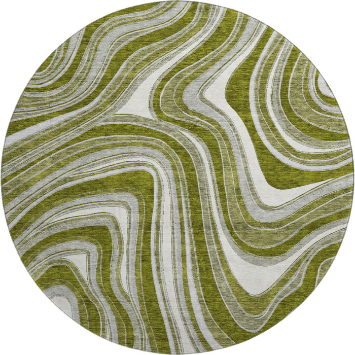 8' Marble Washable Round Rug With UV Protection - Olive Green
