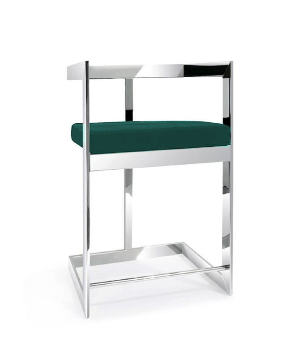 30" Metal And Velvet Low Back Bar Height Bar Chair - Green / Silver