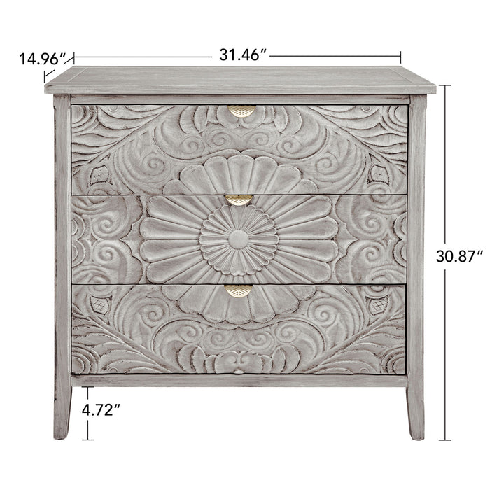 Light gray Giga 3-drawer hall chest, American furniture suitable for bedroom or living room storage, with sleek design and handles.