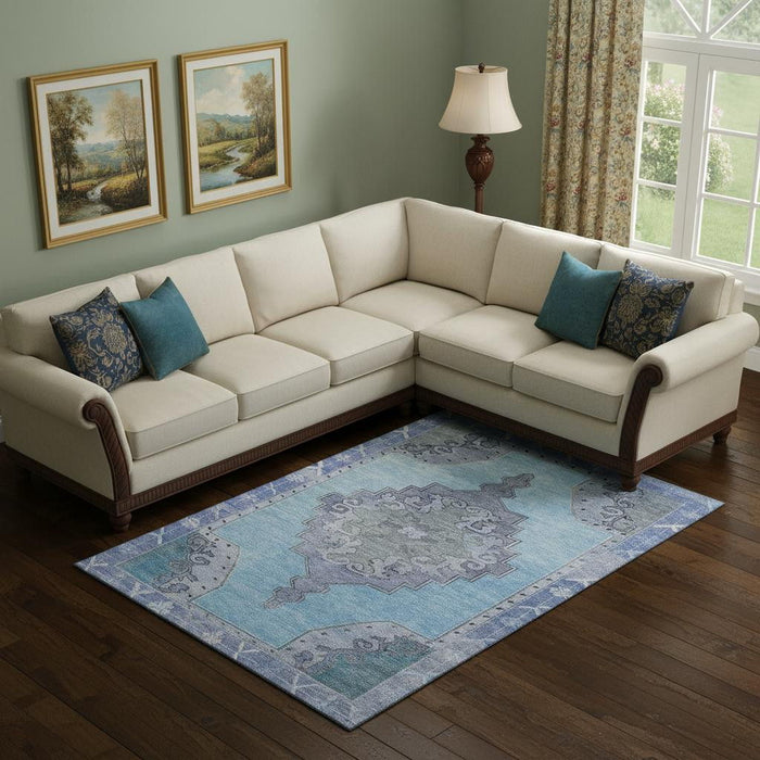 10' X 14' Oriental Washable Area Rug With UV Protection (699454) - Blue / Gray