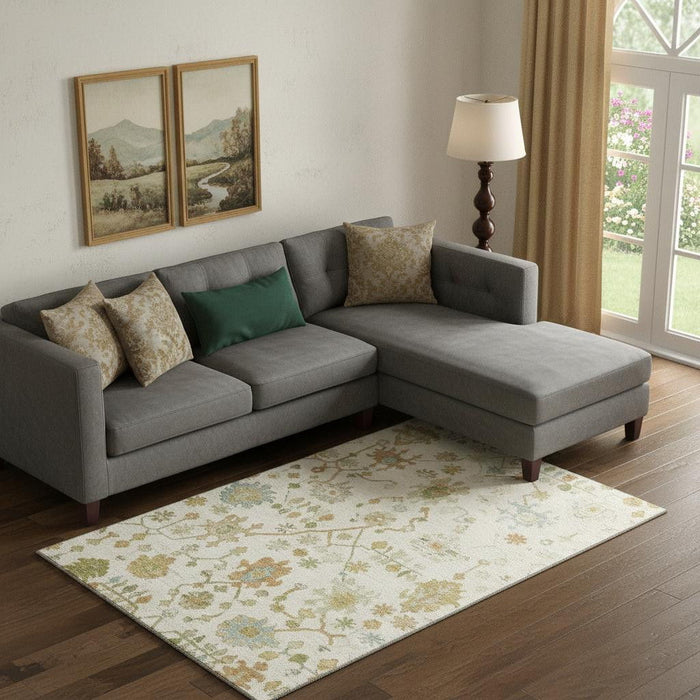 10' X 14' Floral Washable Area Rug With UV Protection (708427) - Ivory / Gold / Blue