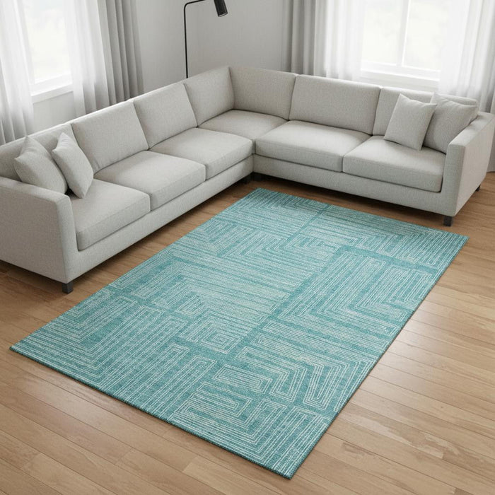 10' X 14' Geometric Washable Area Rug With UV Protection (682019) - Turquoise / Ivory