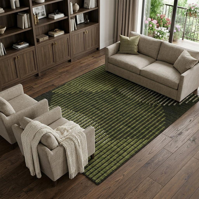 10' X 14' Geometric Washable Area Rug With UV Protection (678808) - Olive Green / Ivory / Charcoal