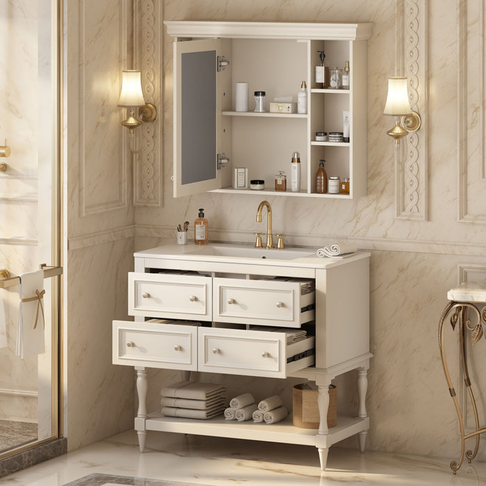 Giga bathroom vanity with medicine cabinet, four-drawer storage, adjustable shelves, and mirror in modern bathroom setup