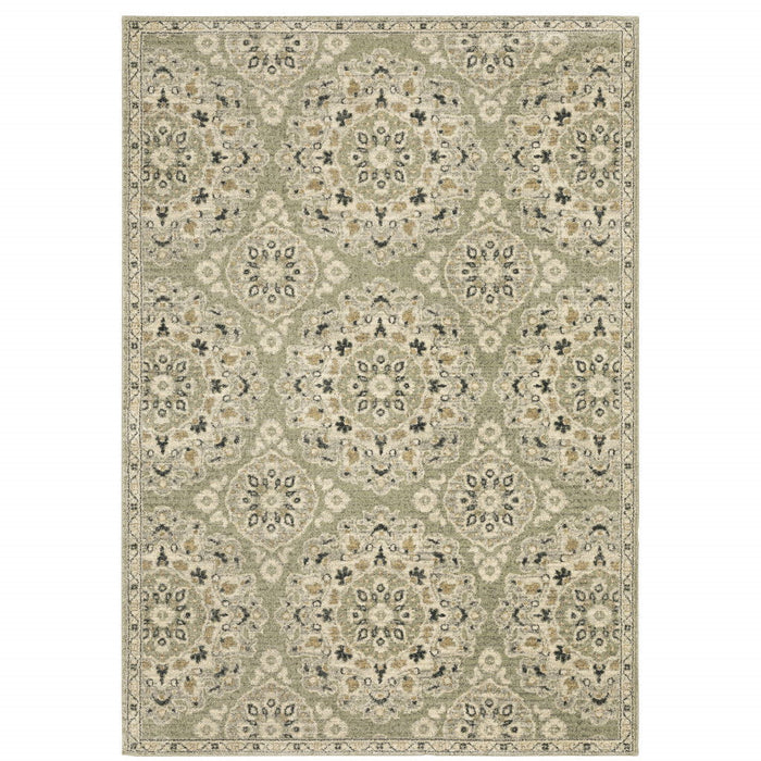 10' x 13' Floral Power Loom Stain Resistant Area Rug - Green Ivory Gray And Tan