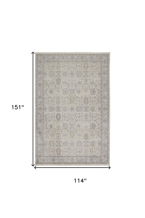 9' x 13' Oriental Power Loom Worn Faded Area Rug With Fringe - Gray And Ivory