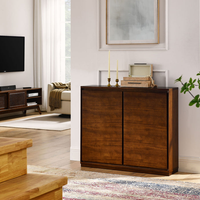 Walnut Giga sideboard with two outlet holes, storage cabinet for entryway, hallway, living room, kitchen, or bedroom.