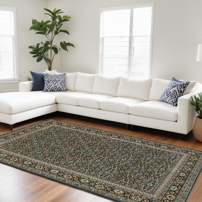 8' x 11' Oriental Power Loom Stain Resistant Area Rug - Navy Blue Green Red Ivory And Yellow