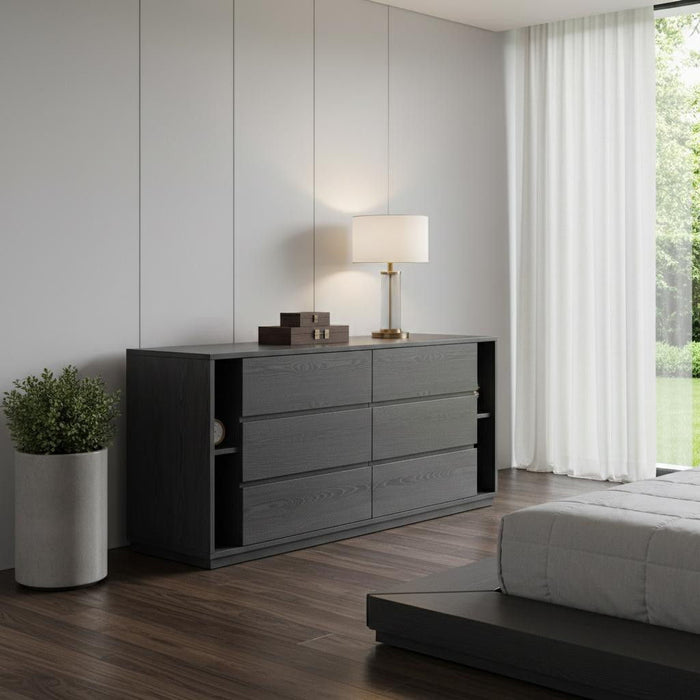Wooden 6 Drawer Double Dresser - Gray