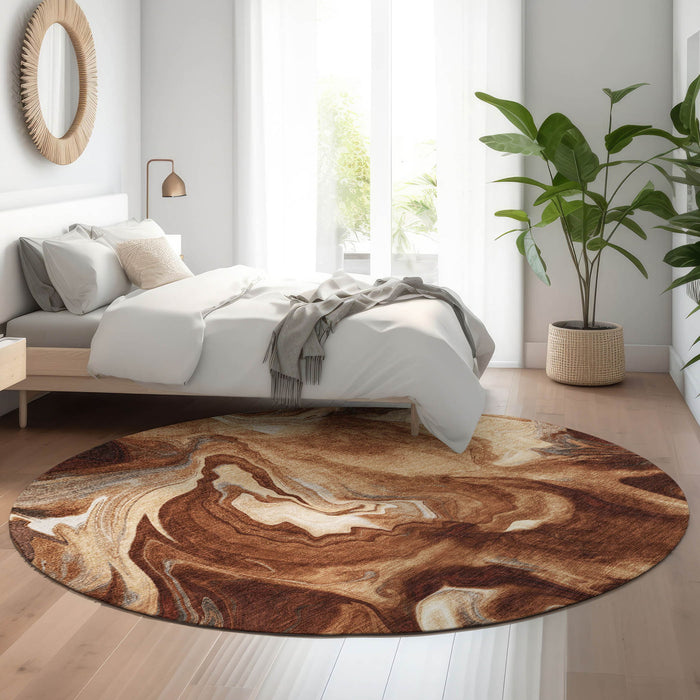 8' Abstract Washable Round Rug With UV Protection - Rust