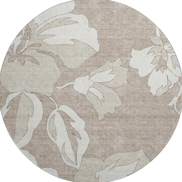 8' Floral Washable Round Rug With UV Protection (668014) - Taupe / Ivory