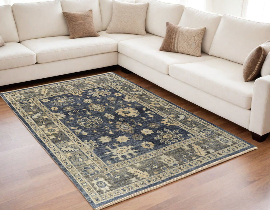 5' x 8' Wool Floral Hand Knotted Area Rug With Fringe - Blue And Gray