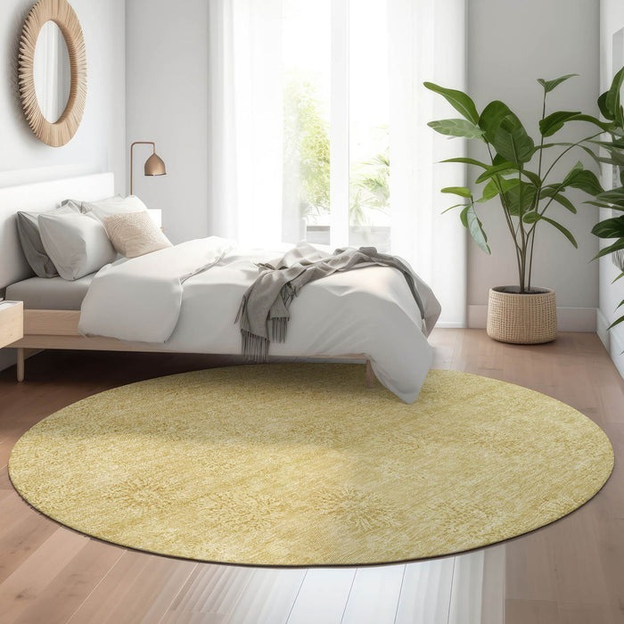 8' Floral Washable Round Rug With UV Protection - Gold And Ivory