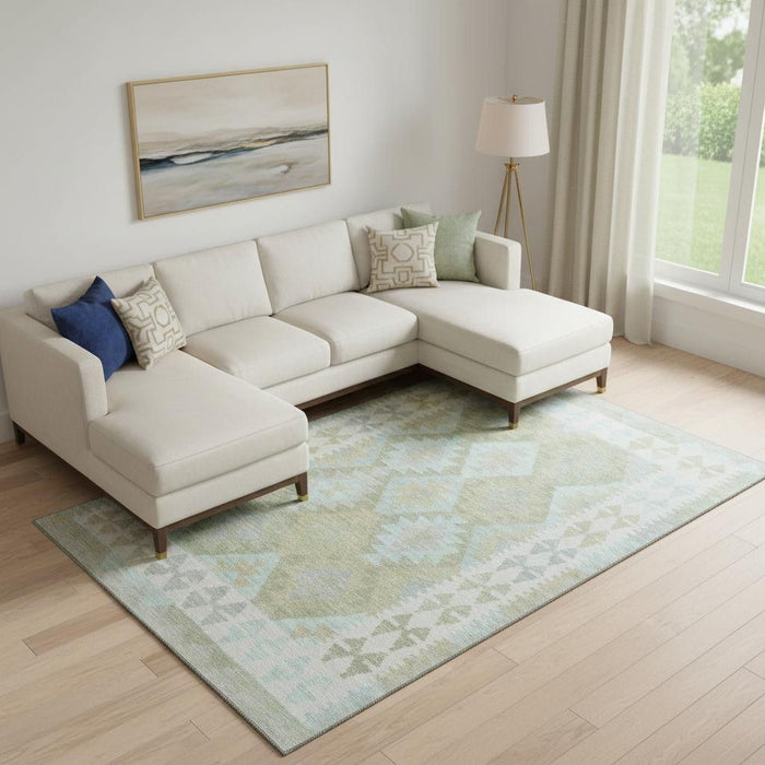 10' X 14' Tribal Washable Area Rug With UV Protection (707965) - Sage / Blue
