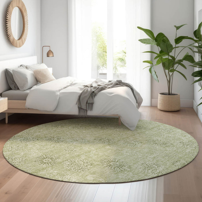 8' Floral Washable Round Rug With UV Protection - Sage And Ivory