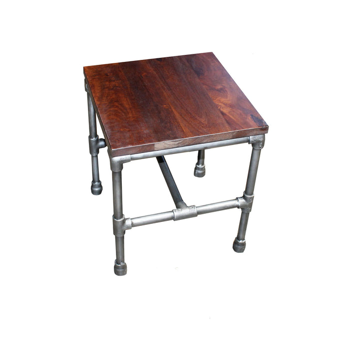 16" Distressed Solid Wood And Iron Square End Table - Brown And Silver