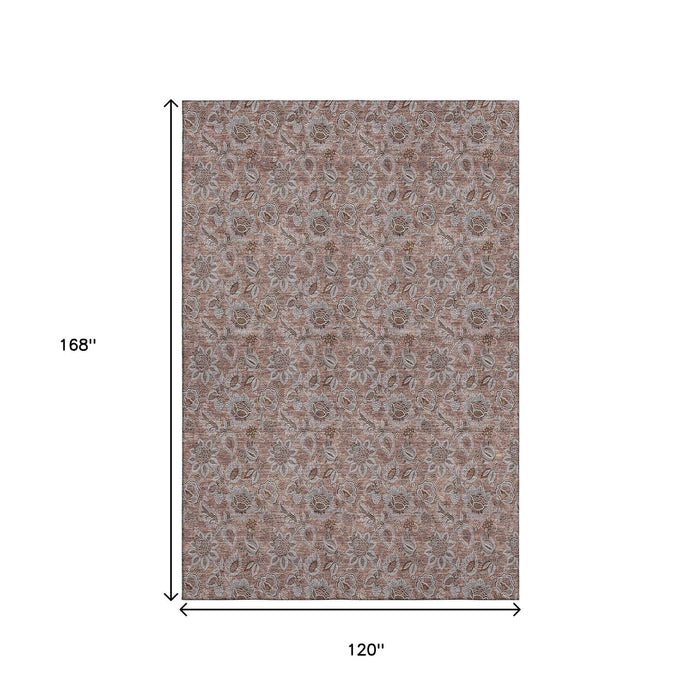 10' X 14' Floral Washable Area Rug With UV Protection (655048) - Copper / Gray