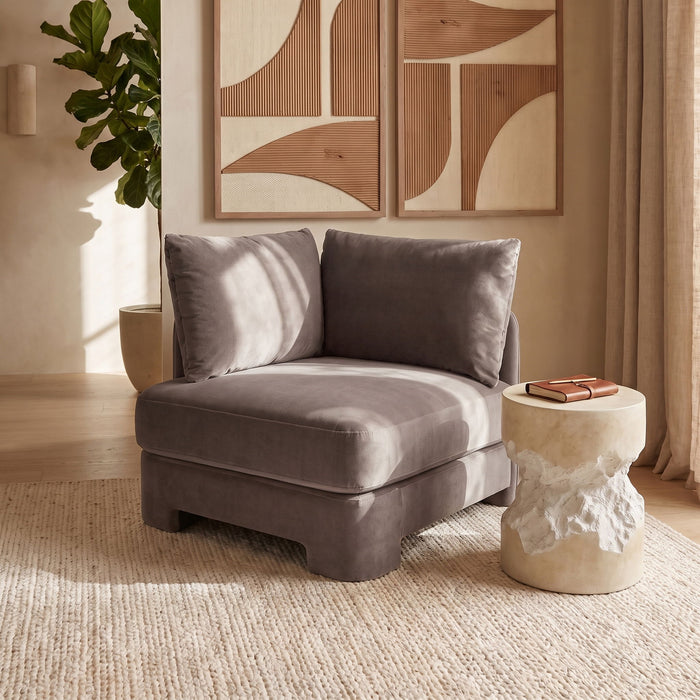 Meridian Furniture Hammond velvet upholstered stationary chair with plush fabric and modern design, shown in a living room setting.