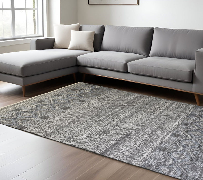 10' x 13' Geometric Hand Knotted Area Rug - Gray Ivory And Blue