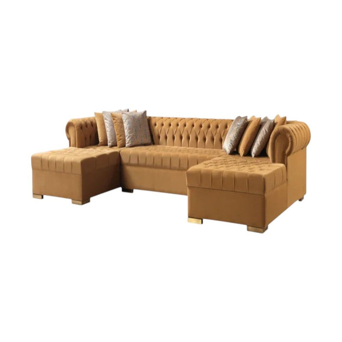 Mustard Velvet U Shaped Three Piece Sofa Chaise Sectional With Toss Pillows - Mustard