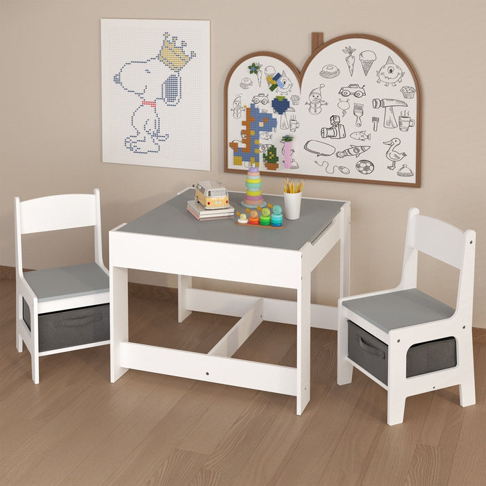 Giga kids table and chair set with 2-in-1 detachable top, white activity table with storage drawer for toddlers' drawing and crafts.