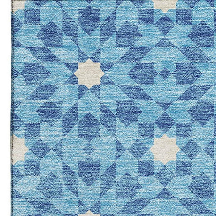 9' X 12' Geometric Washable Area Rug With UV Protection - Denim Blue / Ivory