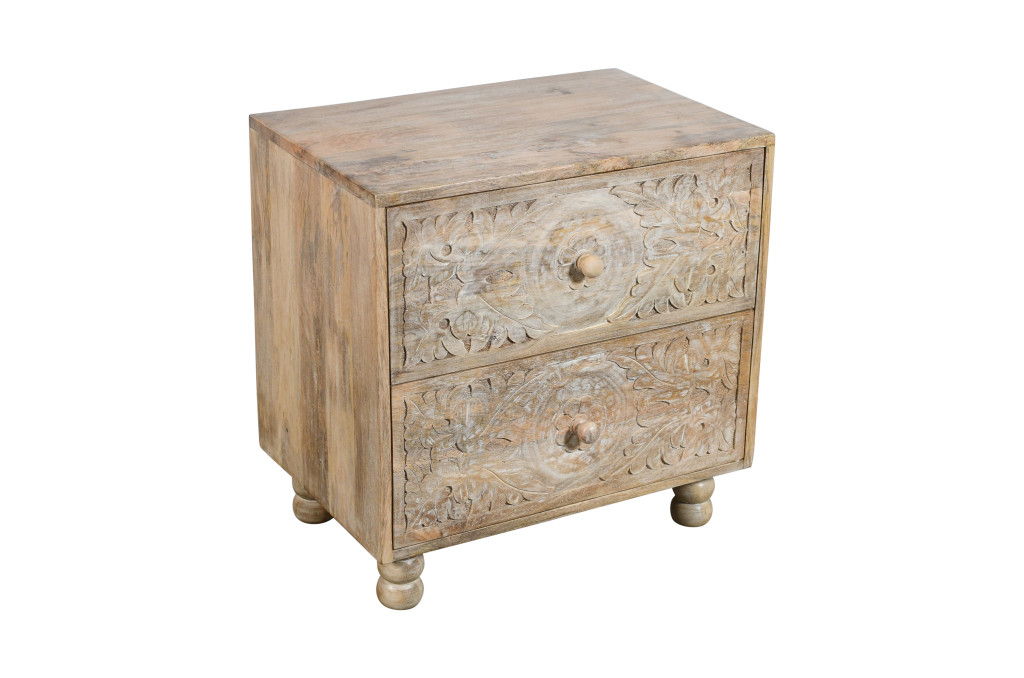 24" Two Drawer Distressed Carved Floral Solid Wood Nightstand - Natural