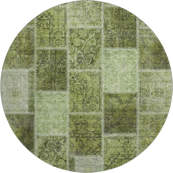 8' Patchwork Washable Round Rug With UV Protection - Olive Green And Gray