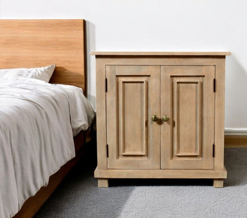 28" Distressed Solid Wood Nightstand With Storage - Beige