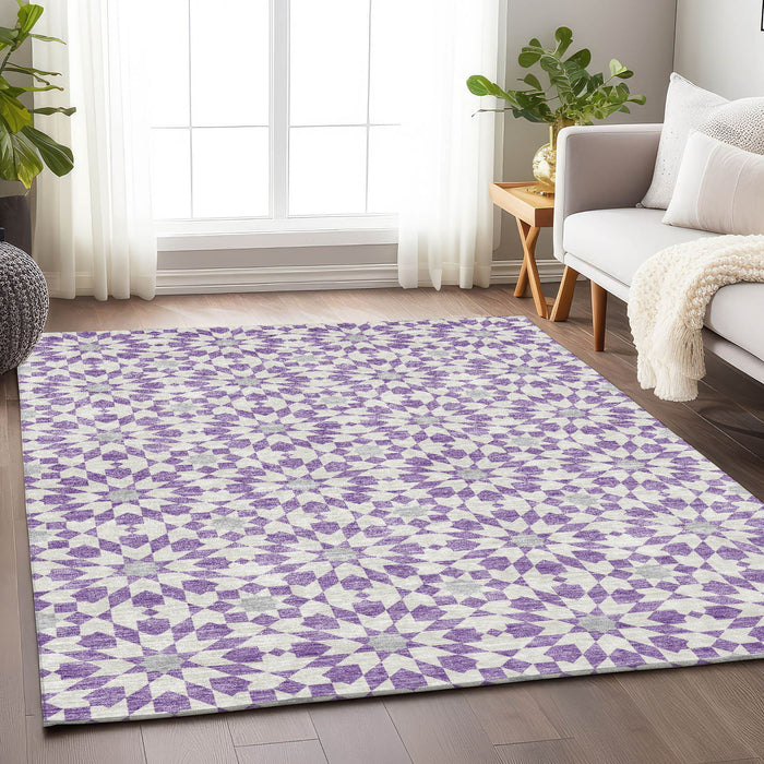10' X 14' Geometric Washable Area Rug With UV Protection - Lavender And Ivory