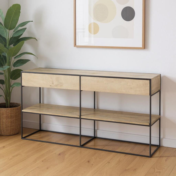 63" Solid Wood And Metal Frame Console Table With Shelf And With Two Drawers - Brown