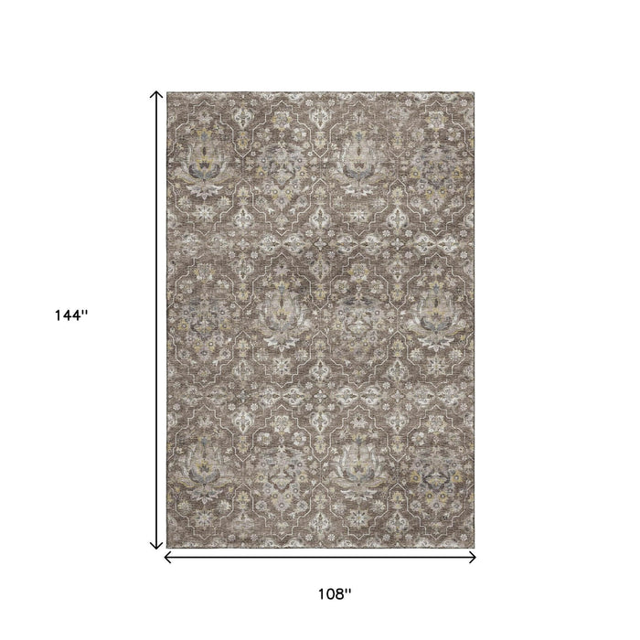 9' X 12' Floral Medallion Distressed Washable Area Rug With UV Protection (644561) - Taupe / Ivory / Gold