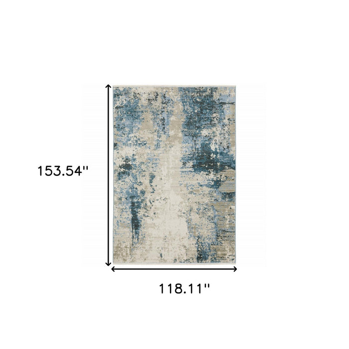 10' x 13' Abstract Power Loom Stain Resistant Area Rug With Fringe - Blue Gray Ivory Light Blue And Dark Blue