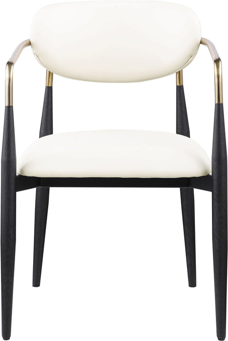 Black vegan leather upholstered dining arm chair with black legs from Meridian Furniture, showcasing a modern, comfortable design.