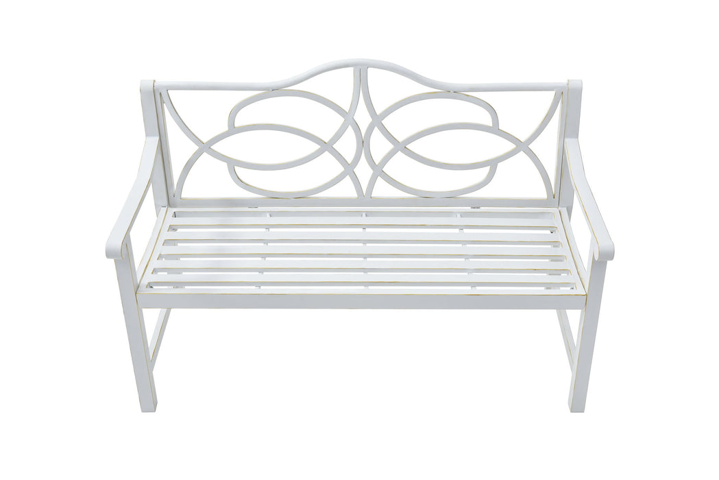 White Giga outdoor garden patio bench with slatted seat, backrest, and armrests, designed for 2-3 people in yard, porch, or balcony.
