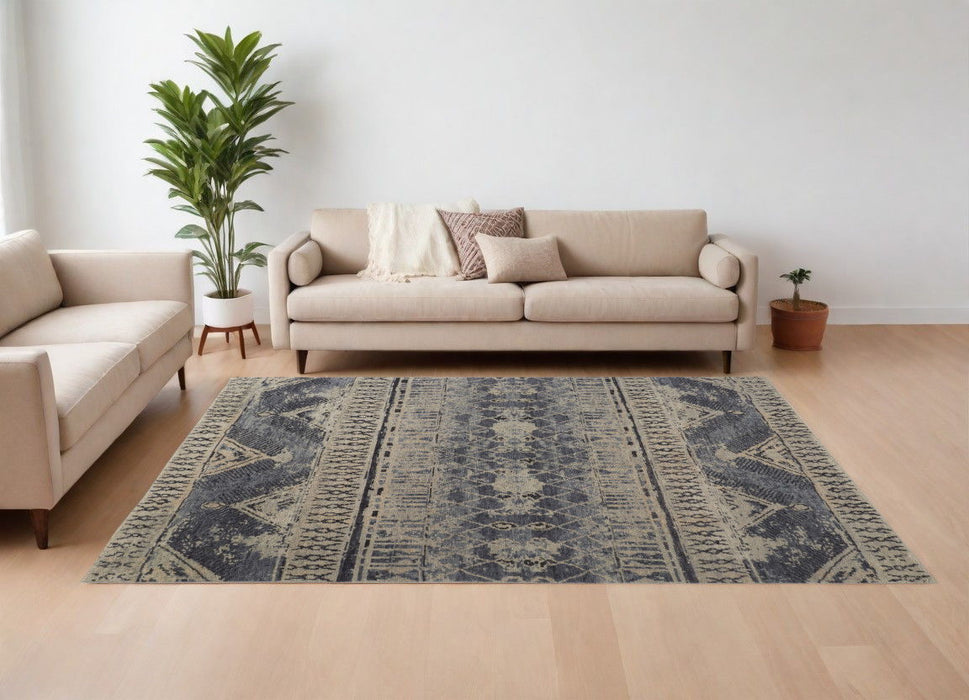8' x 12' Wool Floral Hand Knotted Area Rug - Gray Blue And Ivory