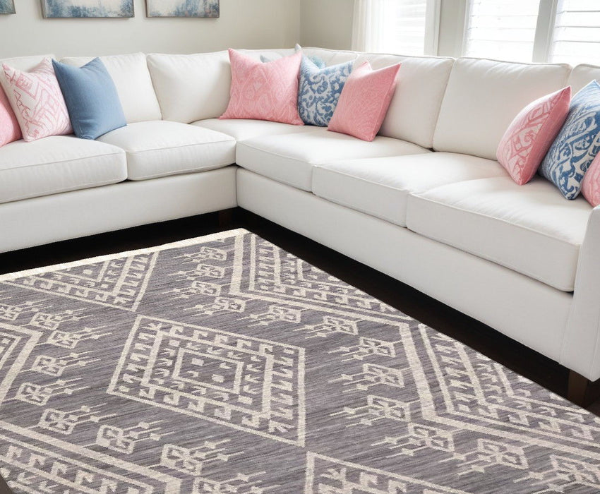 10' x 14' Wool Geometric Dhurrie Flatweave Handmade Area Rug With Fringe - Gray Ivory And Blue