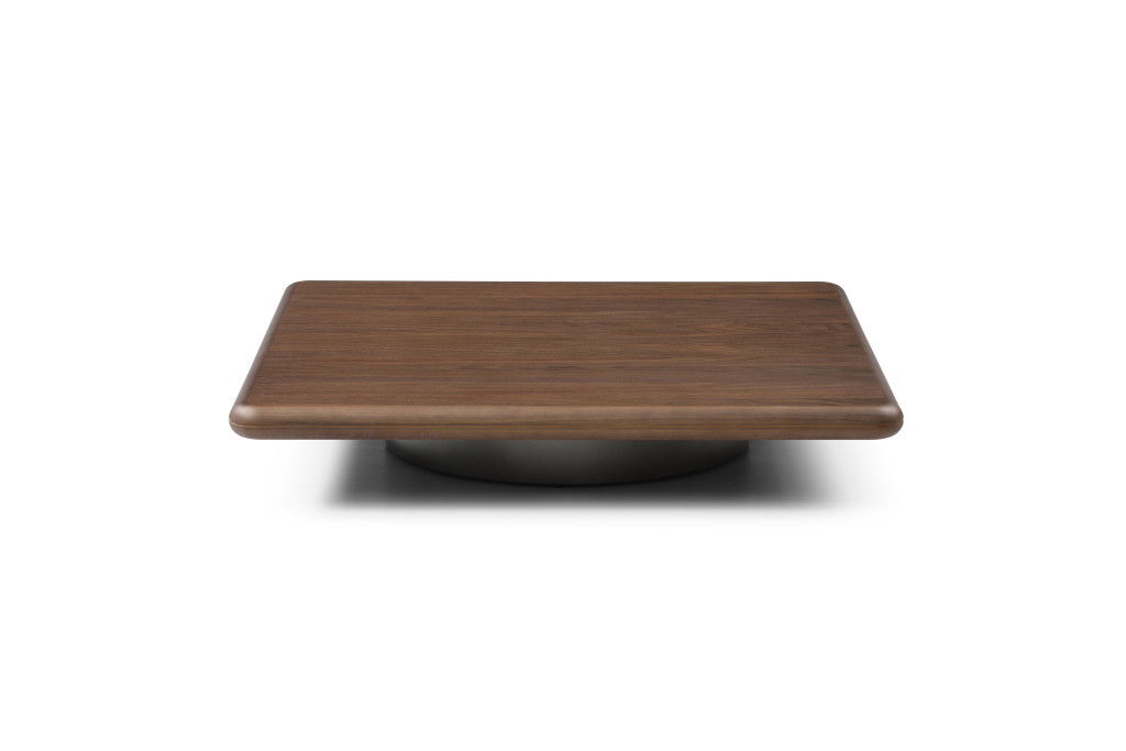HomeRoots wood and stainless steel square pedestal coffee table in brown and silver with a modern design.