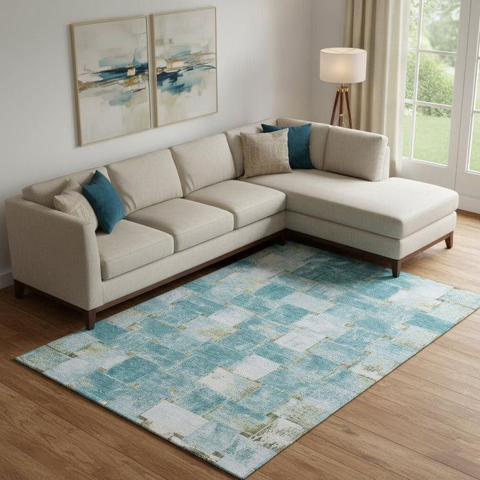 10' X 14' Striped Washable Area Rug With UV Protection (710244) - Teal / Khaki