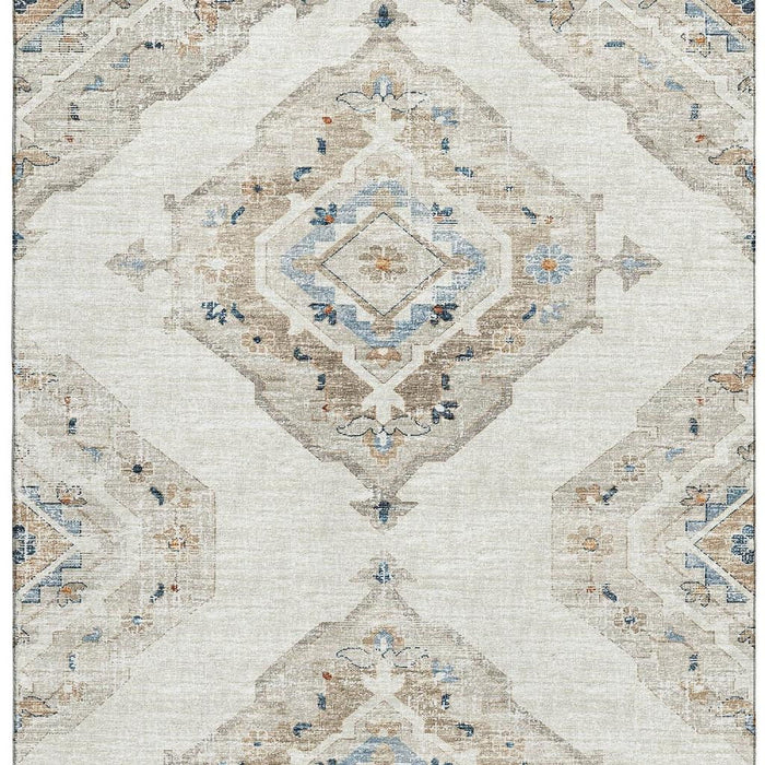10' X 14' Tribal Distressed Washable Area Rug With UV Protection (644180) - Linen / Ivory / Blue