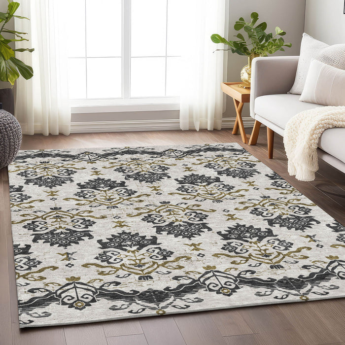 9' X 12' Transitional Medallion Washable Area Rug With UV Protection - Black