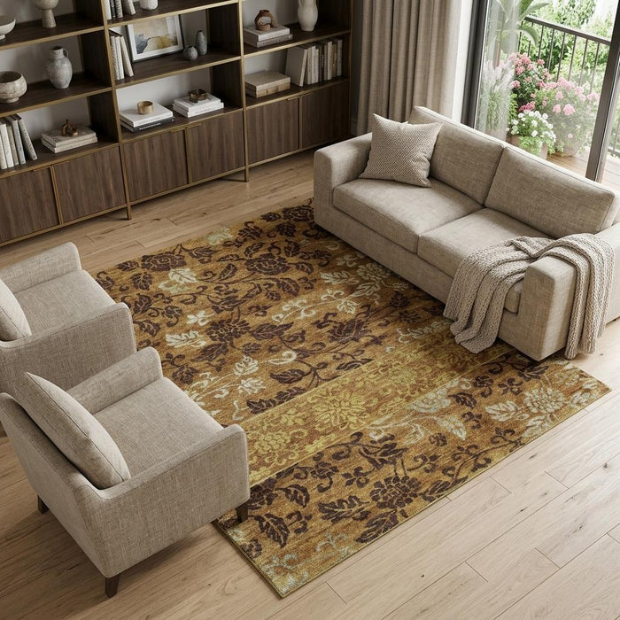 9' X 12' Floral Hand Knotted Area Rug (744333) - Brown / Gold / Tan
