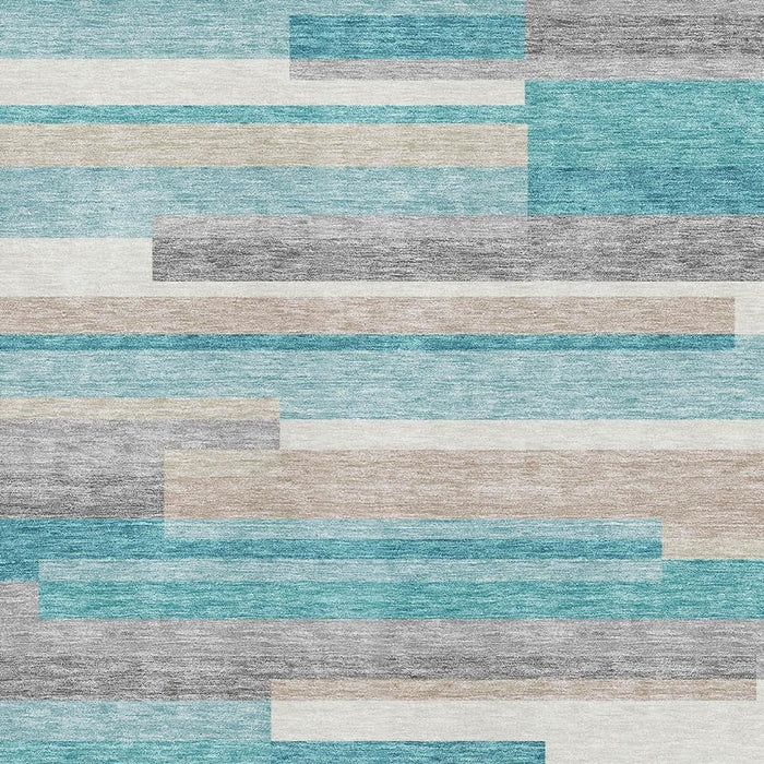 10' X 14' Striped Washable Area Rug With UV Protection - Teal