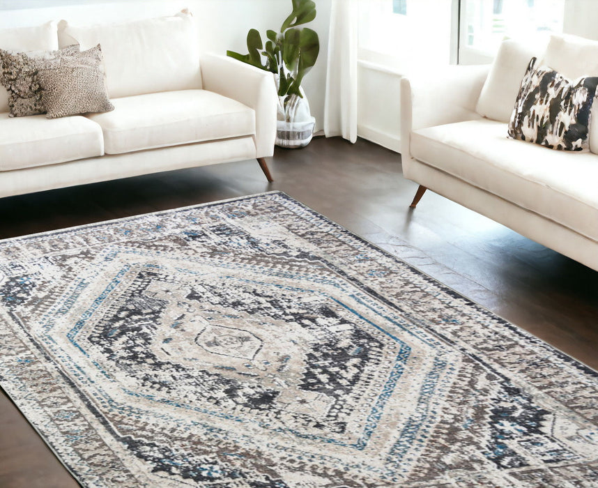 9' x 13' Geometric Distressed Area Rug With Fringe - Gray Beige And Blue
