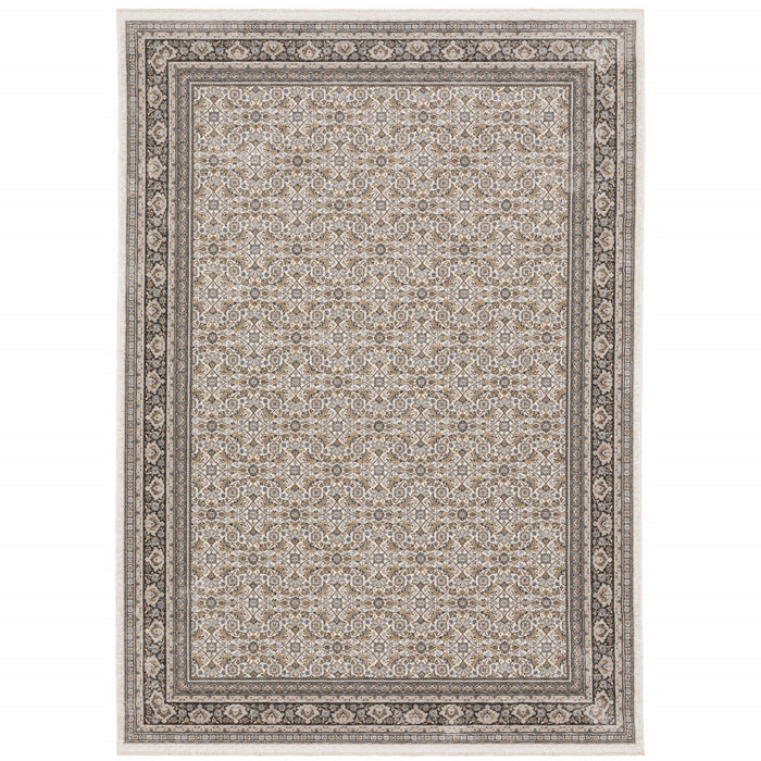 8' x 11' Oriental Power Loom Stain Resistant Area Rug With Fringe - Ivory And Gray