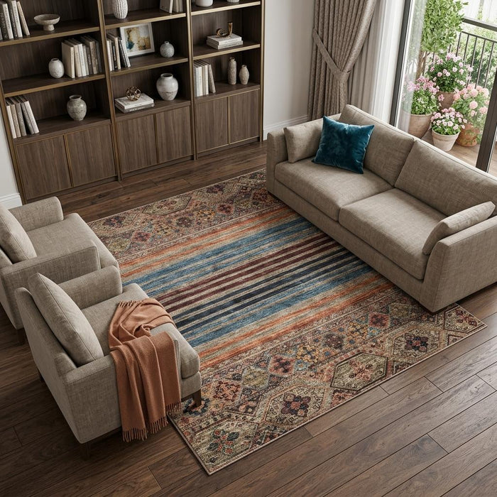 10' X 14' Striped Washable Area Rug With UV Protection (695762) - Taupe / Brown / Blue
