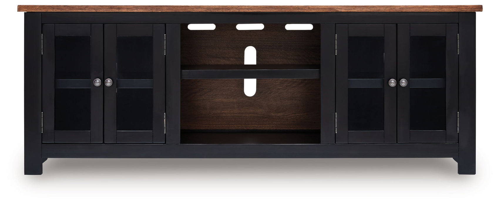 Wildenauer XL TV stand by Signature Design Ashley with fireplace option, in brown and black wood finish, featuring storage cabinets.